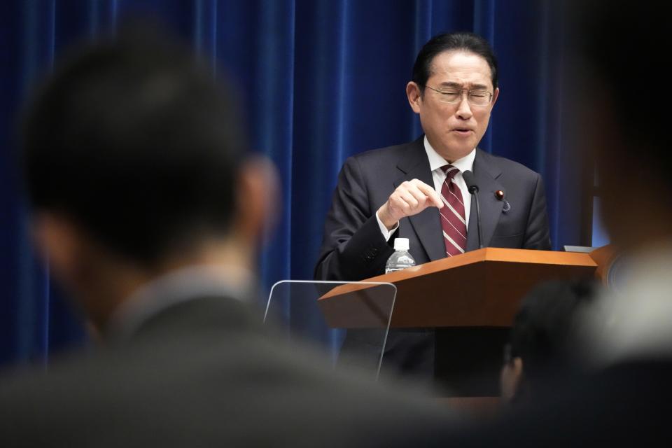 Japan's Prime Minister Fumio Kishida answers a question from a journalist, during a press conference, in Tokyo, Thursday, March 28, 2024. (AP Photo/Eugene Hoshiko, Pool)