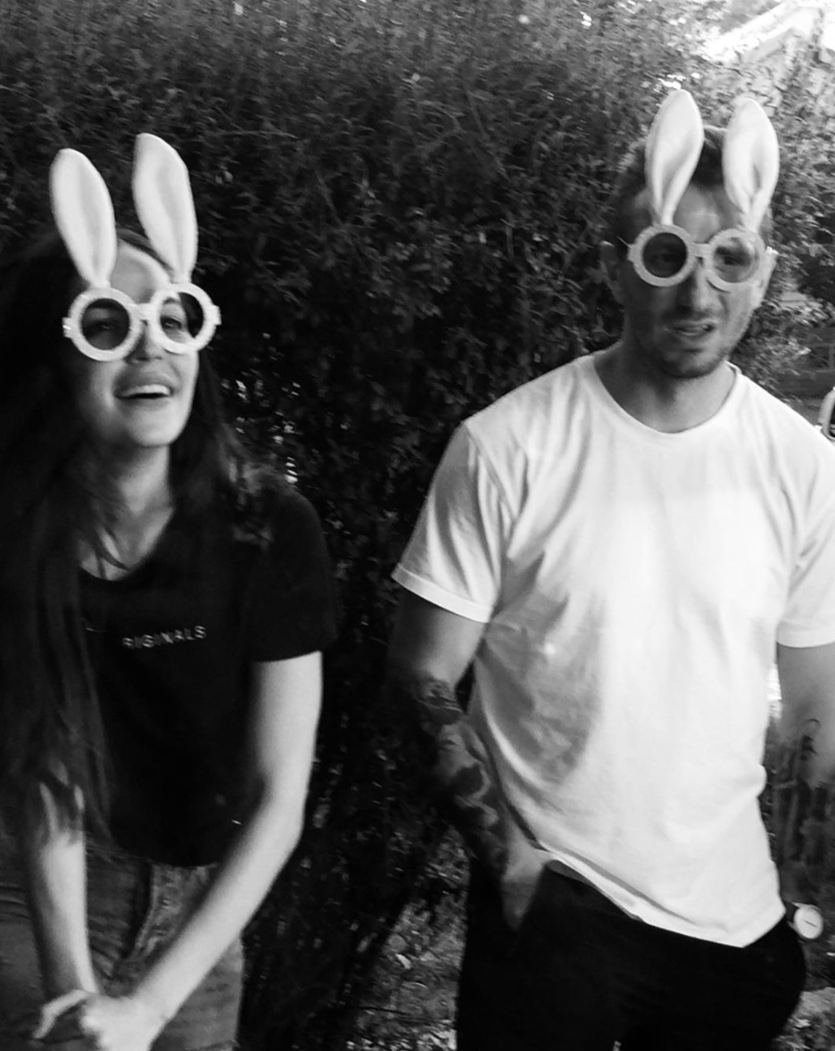 Nat Kyriacou and Tommy Little wearing glasses with Easter rabbit ears in April 2020