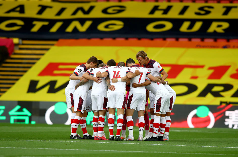 WATFORD, ENGLAND - JUNE 28: Saints players huddle during the Premier League match between Watford FC and Southampton FC at Vicarage Road on June 28, 2020 in Watford, United Kingdom. (Photo by Matt Watson/Southampton FC via Getty Images)