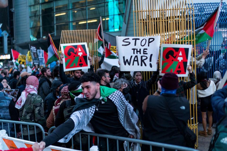 PHOTO: People march during a demonstration to express solidarity with Palestinians in Gaza, amid the ongoing conflict between Israel and the Palestinian Islamist group Hamas, in New York City, Oct. 13, 2023. (Eduardo Munoz/Reuters)