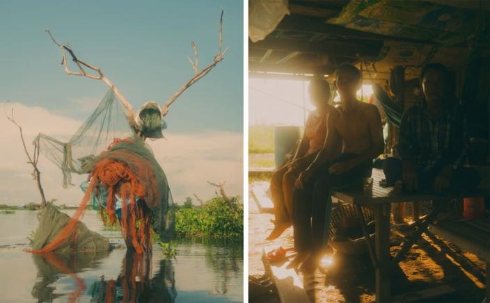 Left, fishing nets hang from a dead tree; right, Ms Koem, Mr Seng and Mr Thanh, Kaoh K’aek village (1854 x WaterAid: Once Beating Heart ©Calvin Chow 2022)