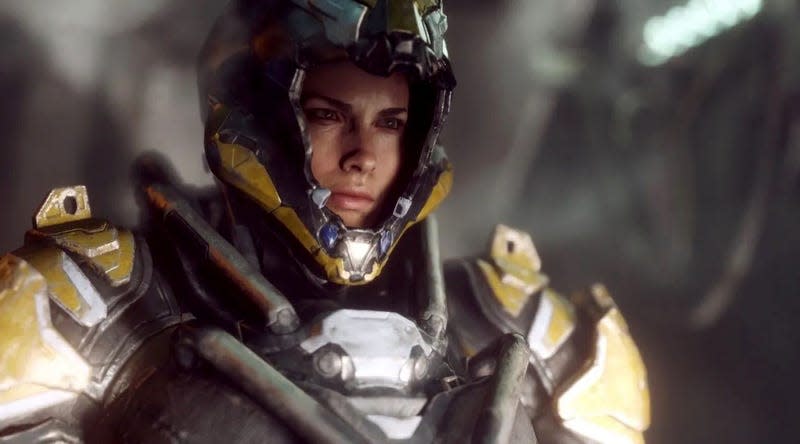 A freelancer in Anthem takes off her mask for a moment. 