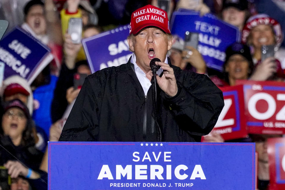 FILE - Former President Donald Trump, speaks at a campaign rally in Greensburg, Pa., on May 6, 2022. House investigators are unlikely to call Trump to testify about his role in the Jan. 6, 2021 insurrection. That's according to Mississippi Rep. Bennie Thompson, the Democratic chairman of the nine-member panel investigating the attack. (AP Photo/Gene J. Puskar, File)