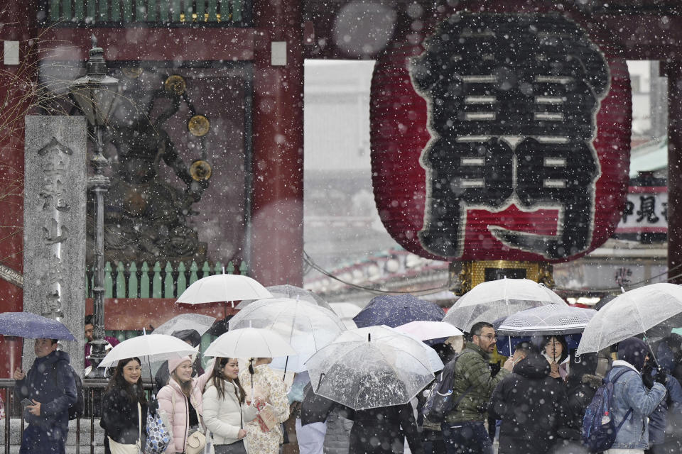 People visit Sensoji temple at the Asakusa district in Tokyo in snow Monday, Feb. 5, 2024. (Kyodo News via AP)