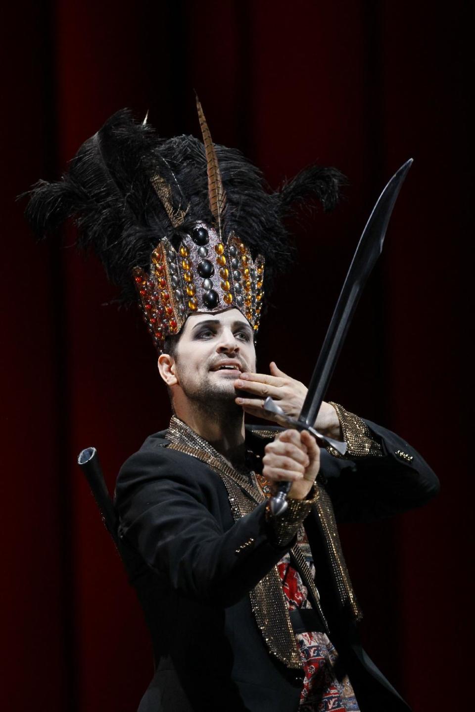 In this Feb. 24, 2012 photo, Luca Pisaroni, as Argante, the King of Jerusalem, performs during the final dress rehearsal at the Lyric Opera of Chicago's production of Rinaldo. (AP Photo/Charles Rex Arbogast)