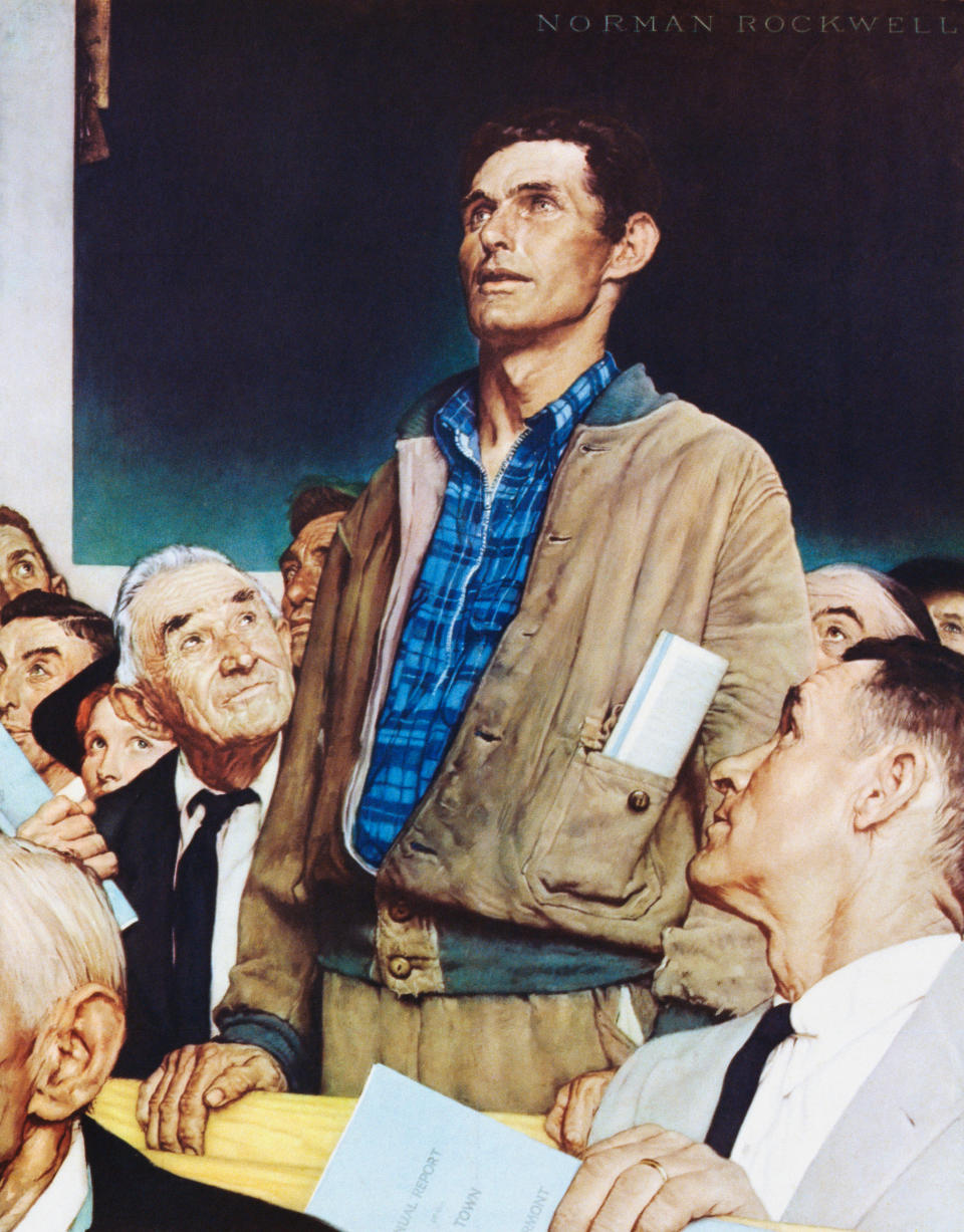 Norman Rockwell painting "Freedom of Speech": a man stands up to speak his mind in a meeting