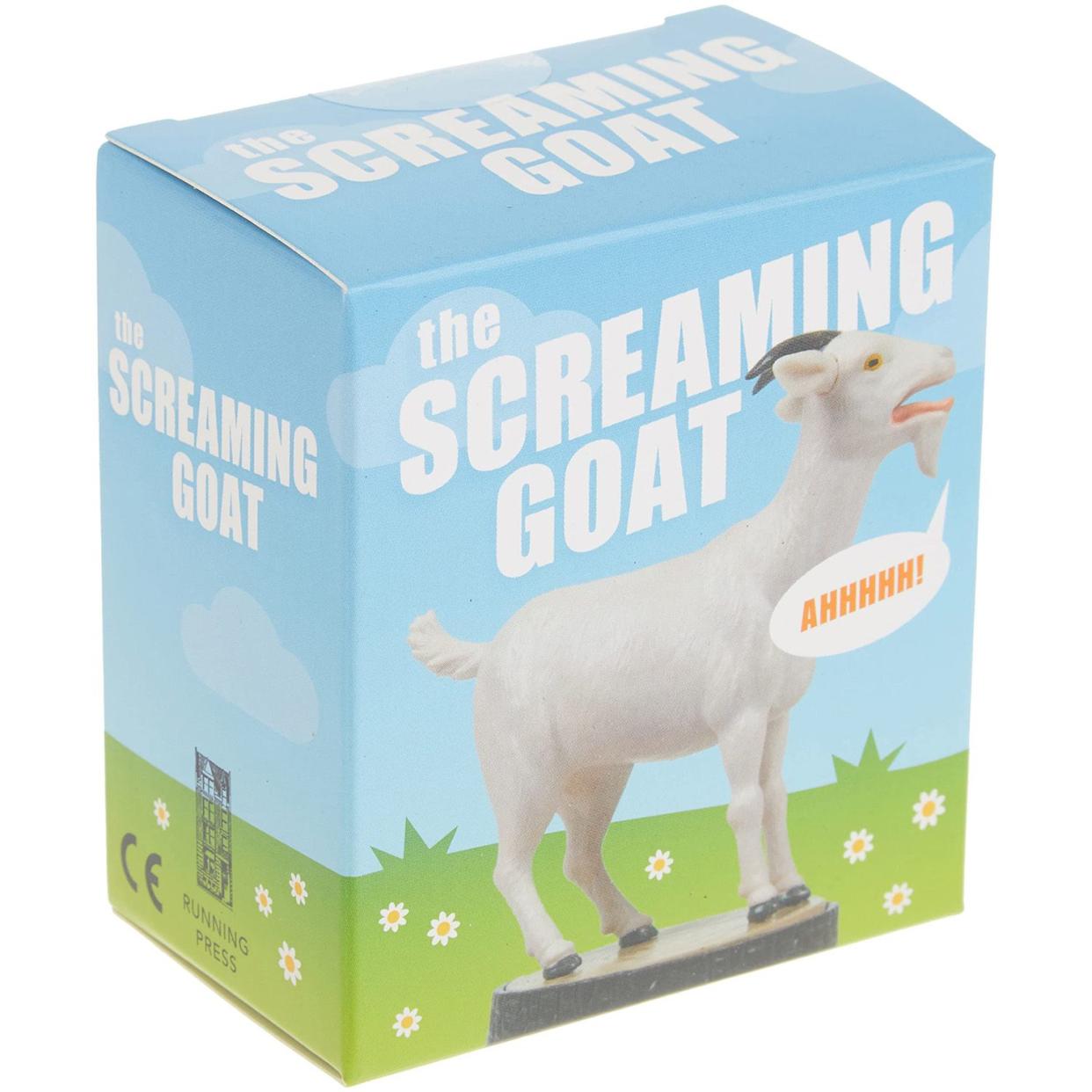 Silly gag gift that is a screaming goat figurine with fun fact booklet