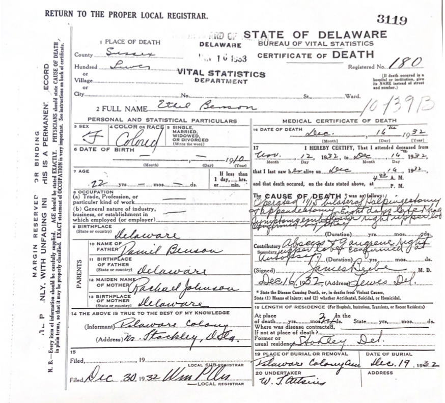 A copy of Ethel Benson's death certificate, which was signed by James Beebe.