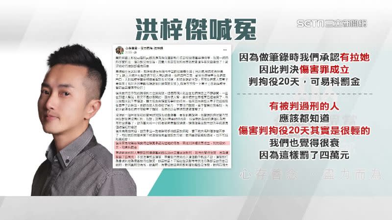 洪梓傑在臉書PO文，「有被判過刑的人都知道，傷害判拘役20天其實很輕」。