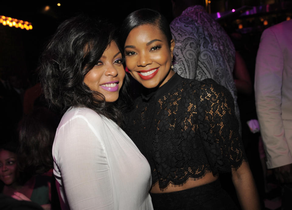 Taraji P. Henson, left, and Gabrielle Union, cast members in "Think Like A Man Too," pose together at the post-premiere party for the film on Monday, June 9, 2014 in West Hollywood, Calif. (Photo by Chris Pizzello/Invision/AP)