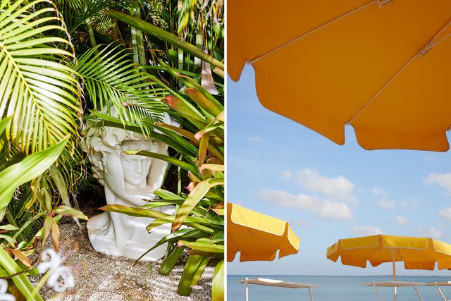 <p>Alpha Smoot</p> From left: The sculpture garden at the National Gallery of the Cayman Islands features Spirit Within, by David Junquist; beach umbrellas at Palm Heights hotel.