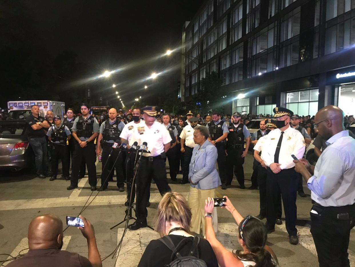 1st Dep. Supt. Eric Carter and Mayor Lori Lightfoot address reporters following the shooting ( Tom Ahern)