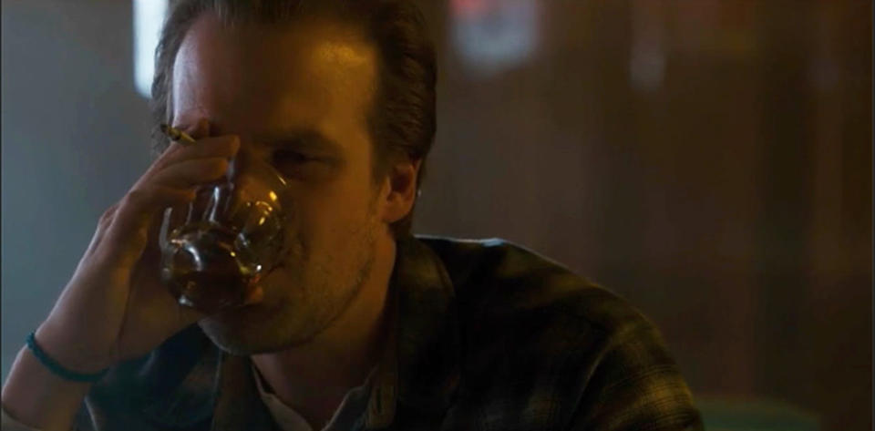 <p><strong>On Sheriff Hopper’s drinking and smoking habits:</strong> “I drink… I think it’s tea. Unsweet tea. We don’t drink real alcohol. I don’t drink in life anyway. I smoke real cigarettes. When I’m with the kids, I smoke herbals. [But] I do like to be a smoker when I play a smoker, because it’s one of those things: When you see someone fake-smoking in a scene, and you can tell they don’t smoke in real life, that annoys me a lot.”<br><a rel="nofollow" href="https://www.yahoo.com/tv/emmys-stranger-things-star-david-harbour-revisits-sheriff-hoppers-tough-guy-moment-140042348.html" data-ylk="slk:Watch the full video interview.;elm:context_link;itc:0;sec:content-canvas;outcm:mb_qualified_link;_E:mb_qualified_link;ct:story;" class="link  yahoo-link">Watch the full video interview.</a><br><br>(Credit: Netflix) </p>