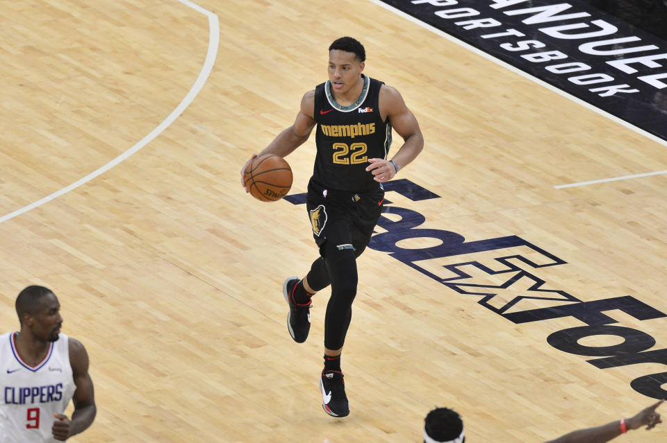 Memphis Grizzlies guard Desmond Bane (22) plays in the first half of an NBA basketball game against the Los Angeles Clippers Friday, Feb. 26, 2021, in Memphis, Tenn. 
