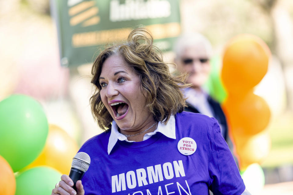 Cindy Wilson, with Mormon Women for Ethical Government speaks to volunteers supporting the Idaho open primaries ballot initiative during a gathering at Ivywild Park in Boise, Idaho on April 27, 2024. Idahoans for Open Primaries has been collecting signatures to get open primaries and ranked choice voting on the November ballot, which they say will open Idaho's closed primary system that excludes 270,000 people who consider themselves Independents. (AP Photo/Kyle Green)