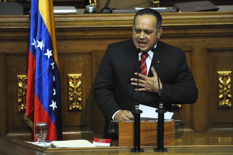 National Assembly speaker, Diosdado Cabello, delivers a speech at the parliament in Caracas, on January 5, 2012. Cabello is urging Venezuelans not to be fixated of the date of January 10 when Hugo Chavez's searing-in ceremony is scheduled to take place. Chavez is currently recovering from cancer surgery in Cuba