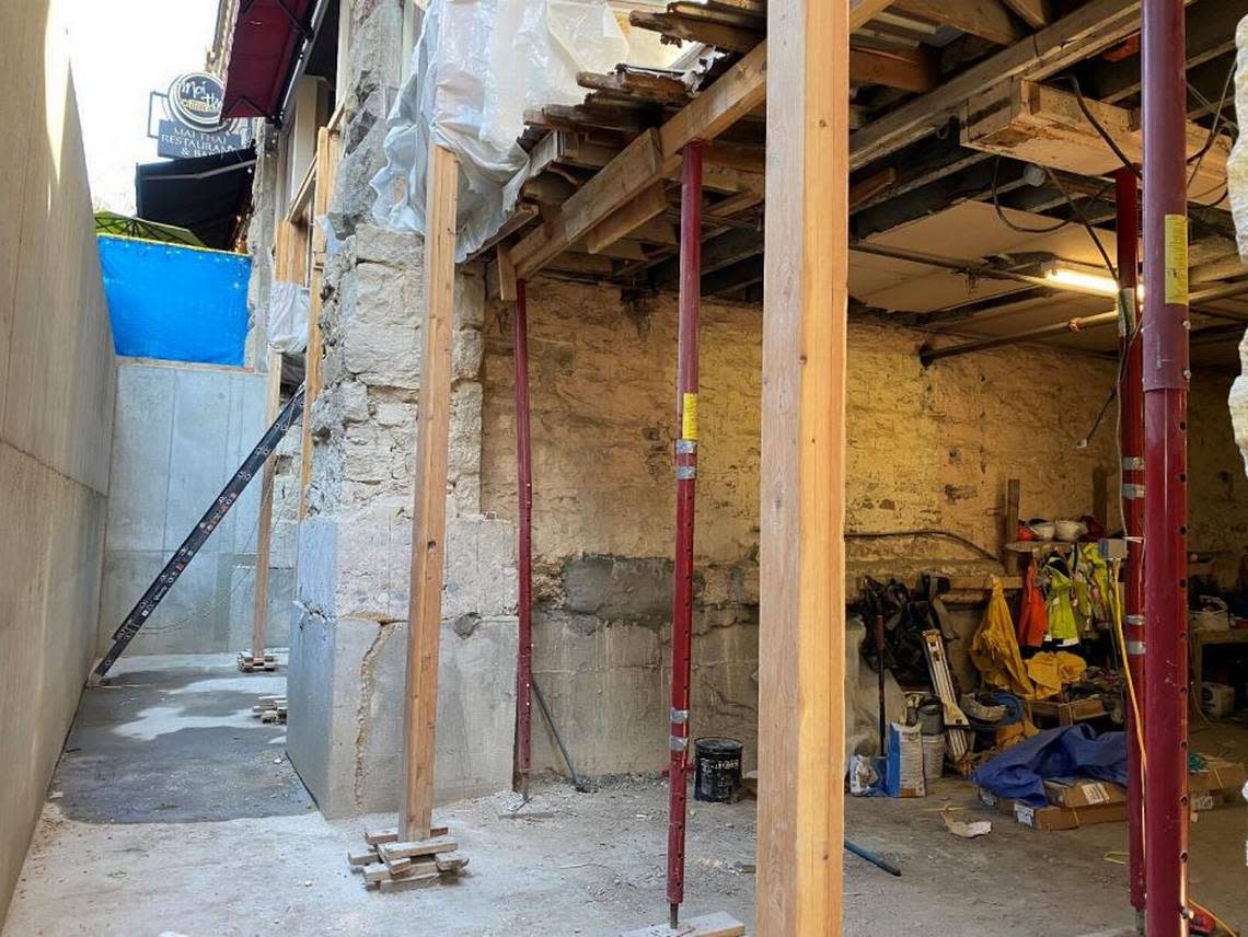 This photo, obtained by the Idaho Statesman via a public records request, shows red posts temporarily holding up the front of the Union Block building. “If you look closely, there are shoring posts that are bowing, and bowing means it’s overloaded,” Jason Blais, the city’s chief building official, said. City of Boise