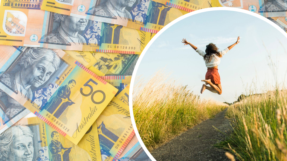 Pictured: Australian $50 notes and woman jumping for joy. Images: Getty