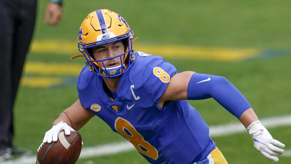 Pittsburgh Panthers quarterback Kenny Pickett (8) plays against North Carolina State during an NCAA college football game, Saturday, Oct. 3, 2020, in Pittsburgh. (AP Photo/Keith Srakocic)