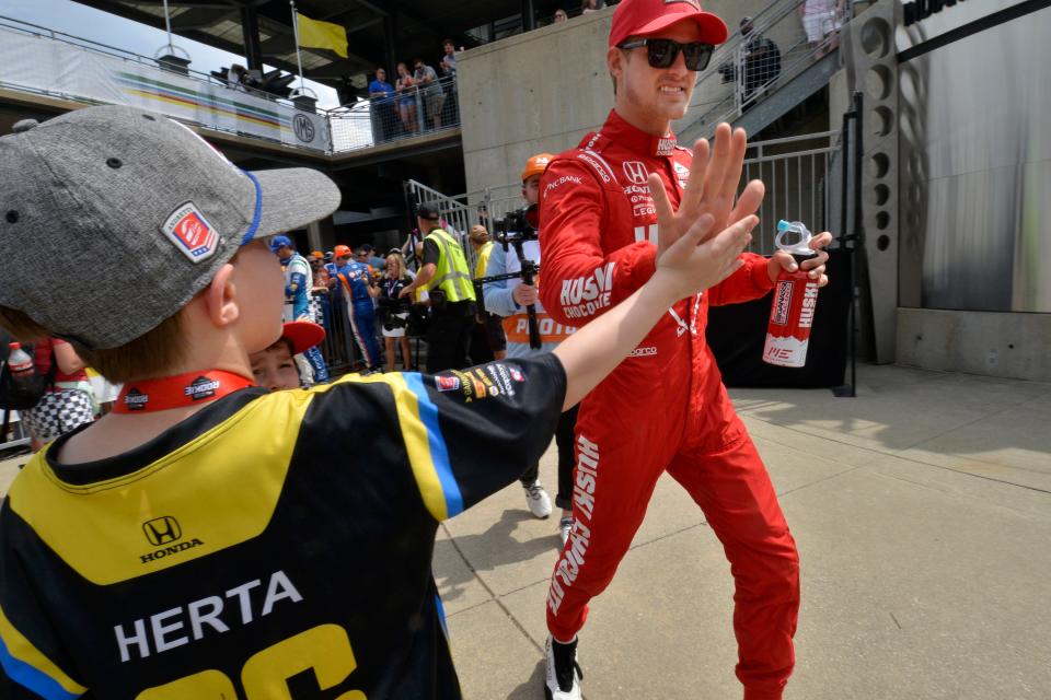 Chip Ganassi Racing driver Marcus Ericsson (8) heads to the track on Saturday, May 13, 2023, during the GMR Grand Prix at Indianapolis Motor Speedway. 