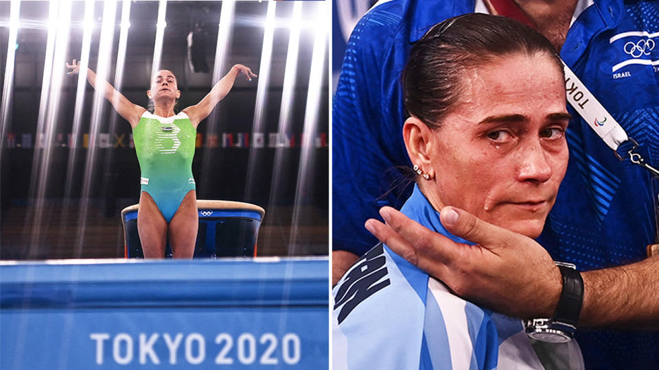 Oksana Chusovitina (pictured left) landing after ghe vault and (pictured right) becoming emotional after a farwell at the Tokyo Olympics.