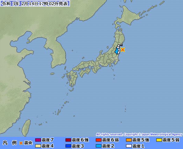 ▲日本福島縣外海13日夜間發生強烈地震，今日震源附近傳出頻繁餘震，氣象廳警告未來1週仍要保持警覺。（圖／翻攝自日本氣象廳）