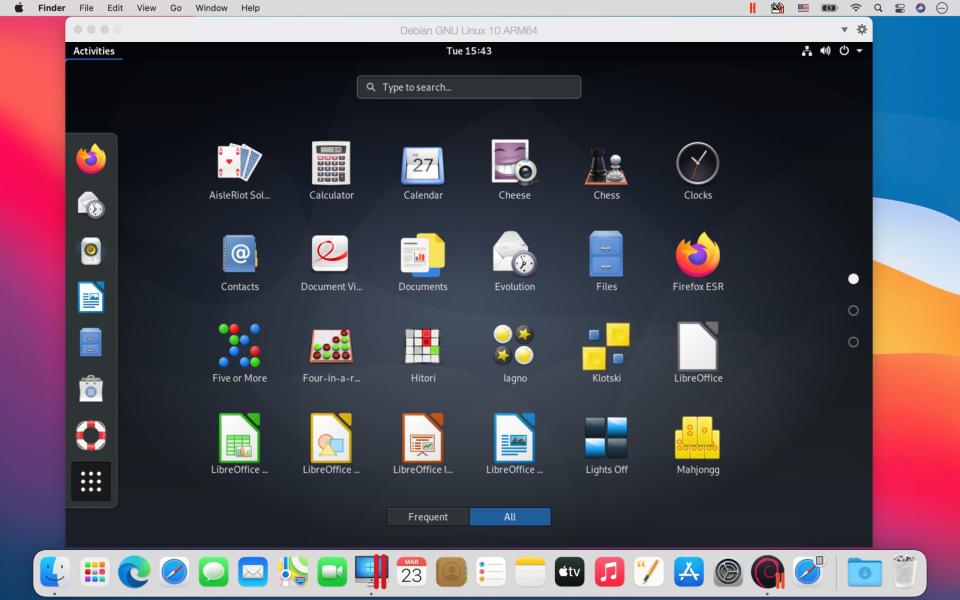 Debian GNU Linux 10 ARM64 running in Parallels Desktop 16.5 on an M1 MacBook Pro