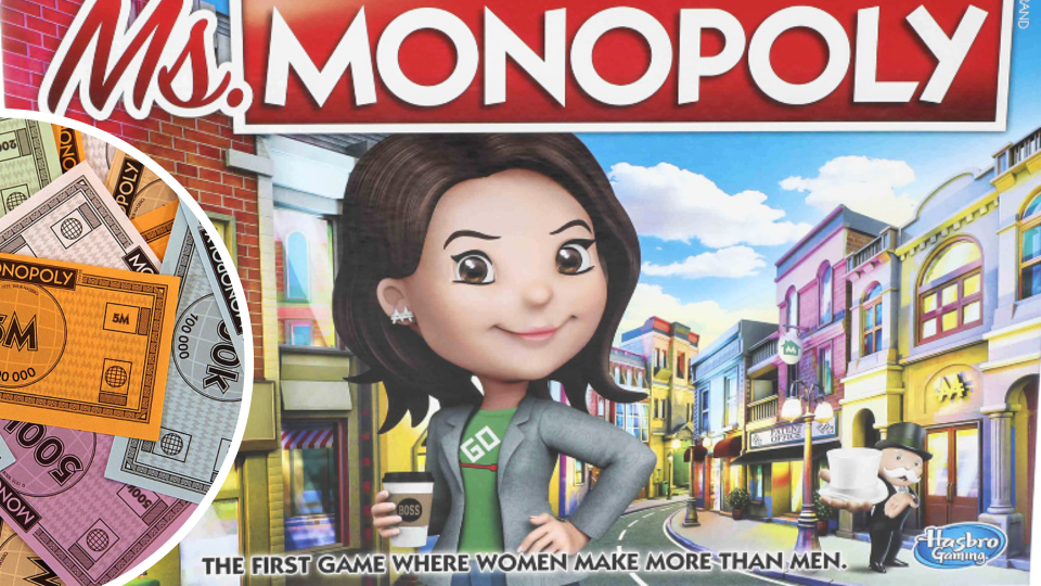 Pictured: Ms. Monopoly game and monopoly money. Images: Hasbro, Getty