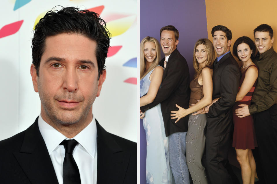 Side-by-side of David Schwimmer and the cast of "Friends"