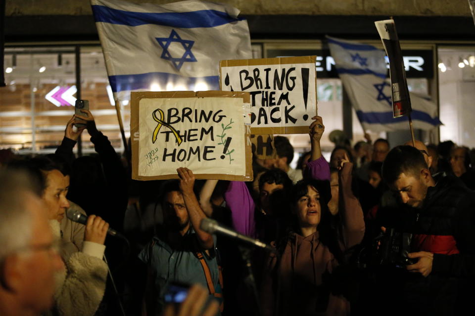 People gather for a demonstration to demand the resignation of Israeli Prime Minister Benjamin Netanyahu's government, early elections and the return of hostages from Gaza, April 27, 2024, in Jerusalem. / Credit: Saeed Qaq/Anadolu/Getty