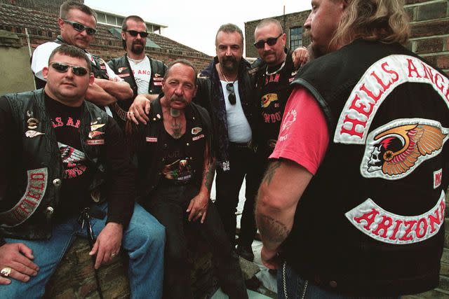 <p>Neville Elder/Corbis/Getty </p> Sonny Barger (center) allegedly put a hit out on Mick Jagger following the 1969 concert.