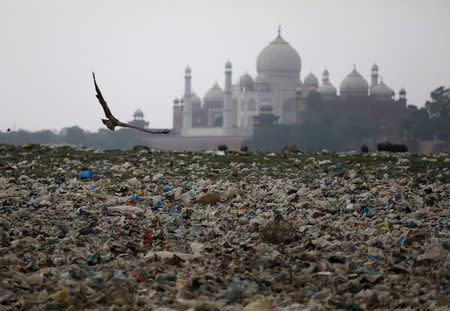 Garbage is seen on the polluted banks of the river Yamuna near the historic Taj Mahal in Agra, India, May 19, 2018. Picture taken May 19, 2018. REUTERS/Saumya Khandelwal