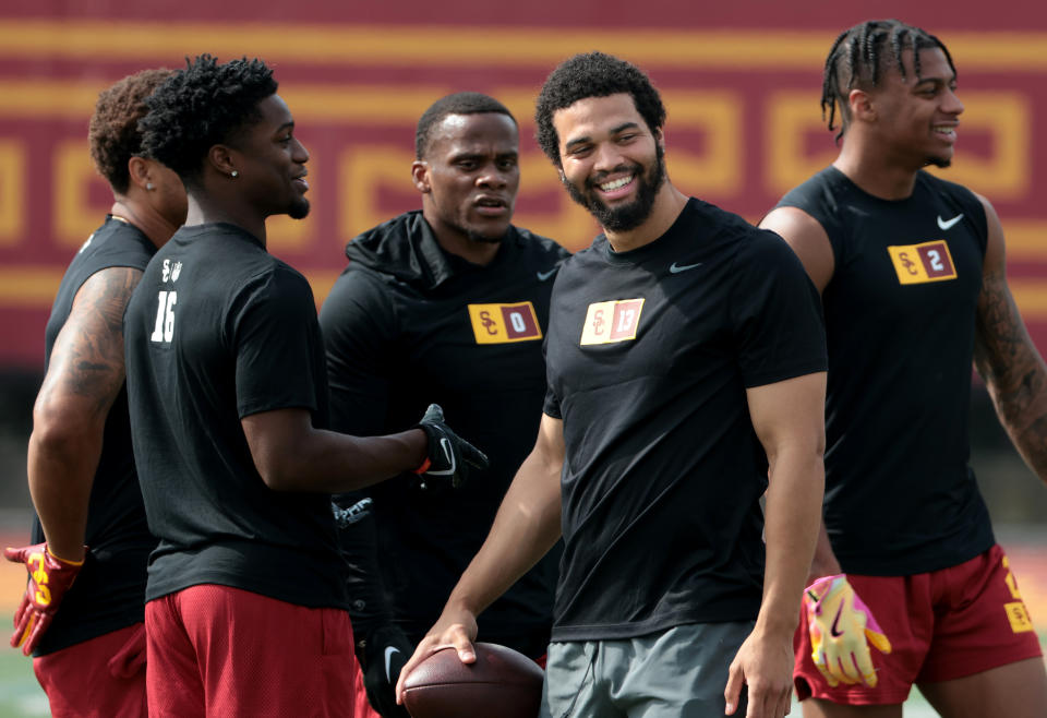 USC's Caleb Williams, the presumptive No. 1 overall pick in the NFL Draft, scored points Wednesday at his pro day with more than just the way he threw the football. (Wally Skalij/Los Angeles Times via Getty Images)