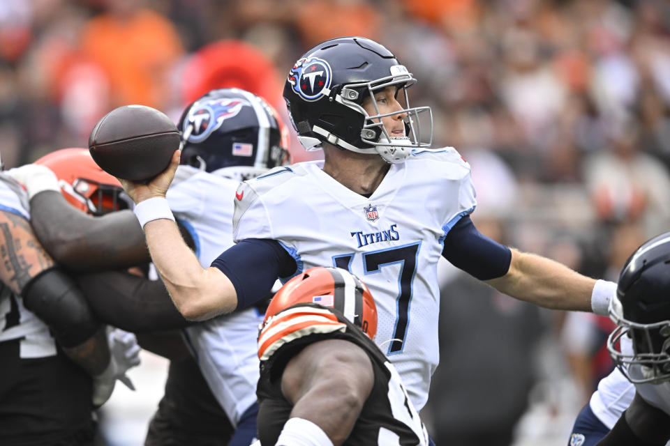 Tennessee Titans quarterback Ryan Tannehill (17) looks to throw the ball against the Cleveland Browns during the second half of an NFL football game Sunday, Sept. 24, 2023, in Cleveland. (AP Photo/David Richard)