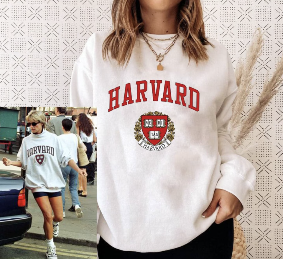 princess diana wearing white harvard Retro 90s Vintage Sweatshirt (Photo via Etsy)