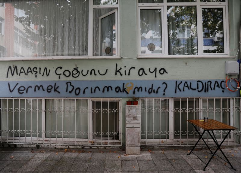 A graffiti on a wall reads, "Does getting shelter mean paying most of your salary for rent?" in Istanbul