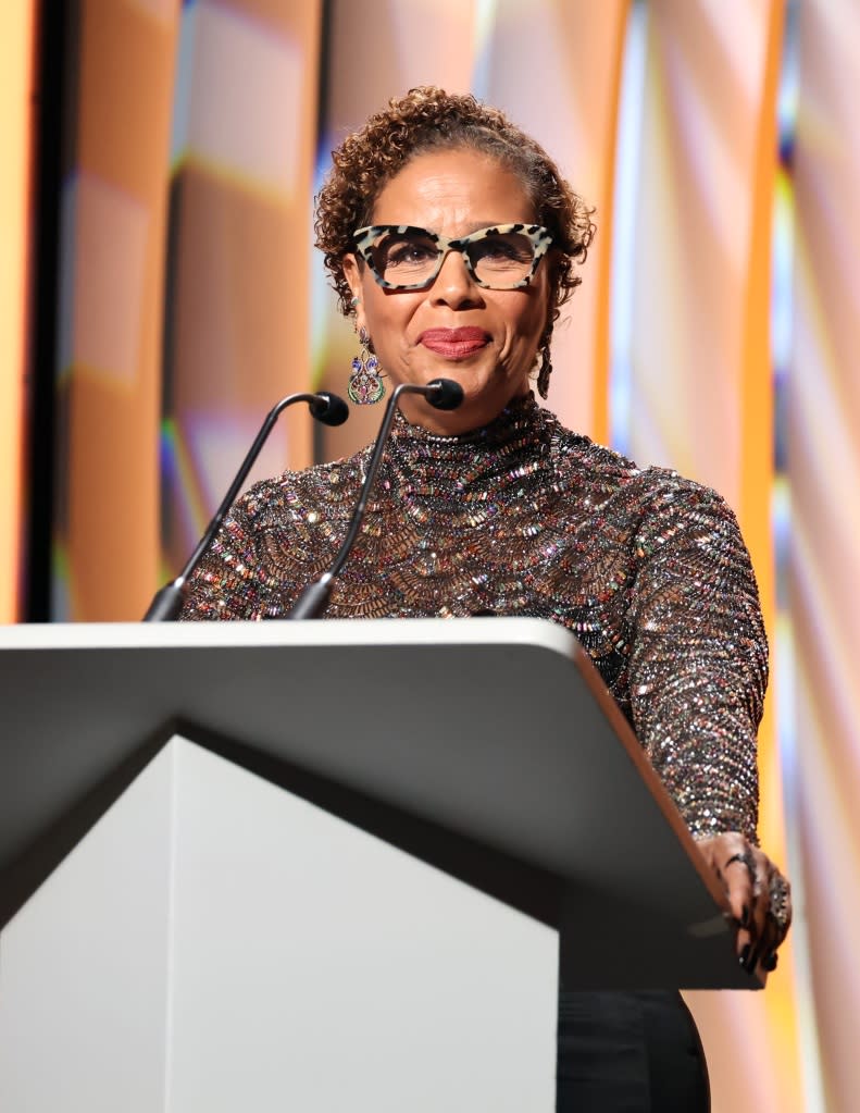LOS ANGELES, CALIFORNIA - MARCH 05: Yvette Lee Bowser speaks onstage during the 2023 Writers Guild Awards West Coast Ceremony at Fairmont Century Plaza on March 05, 2023 in Los Angeles, California. (Photo by Amy Sussman/Getty Images for WGAW)