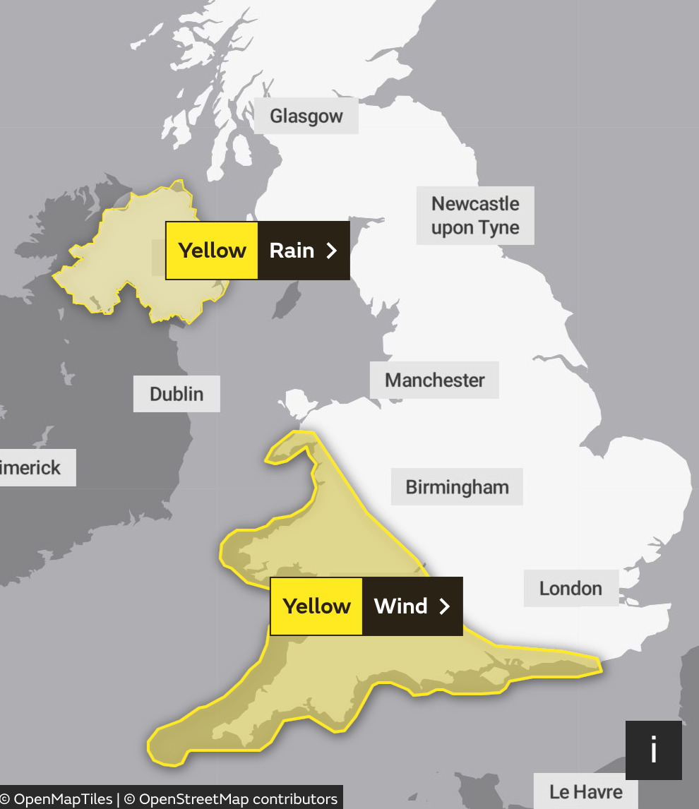 Two weather warnings are in force on Saturday (Met Office/screengrab)