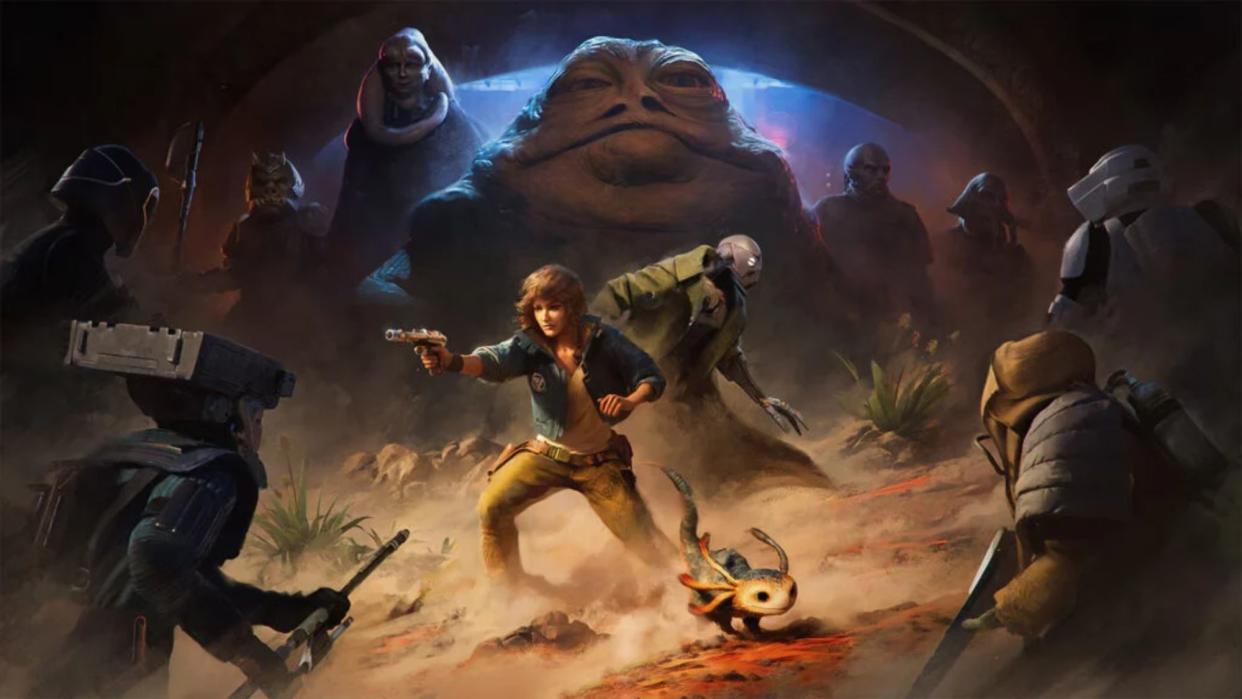  Kay Vess surrounded by characters from Star Wars Outlaws, Jabba can be seen in the background. 