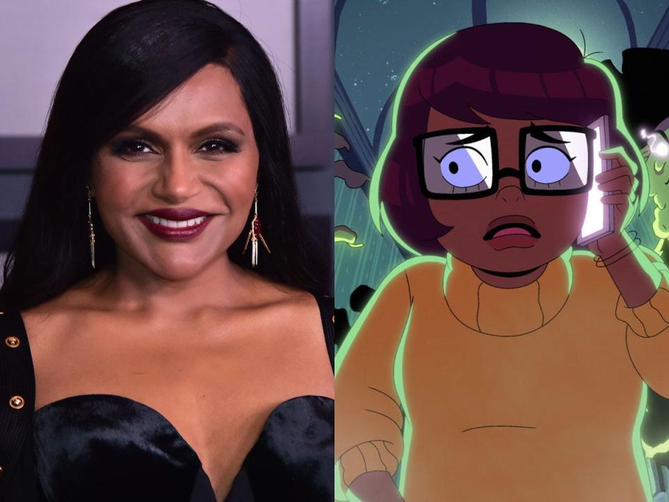 On the left: Mindy Kaling in November 2022. On the right: The animated character Velma on HBO Max's "Velma."