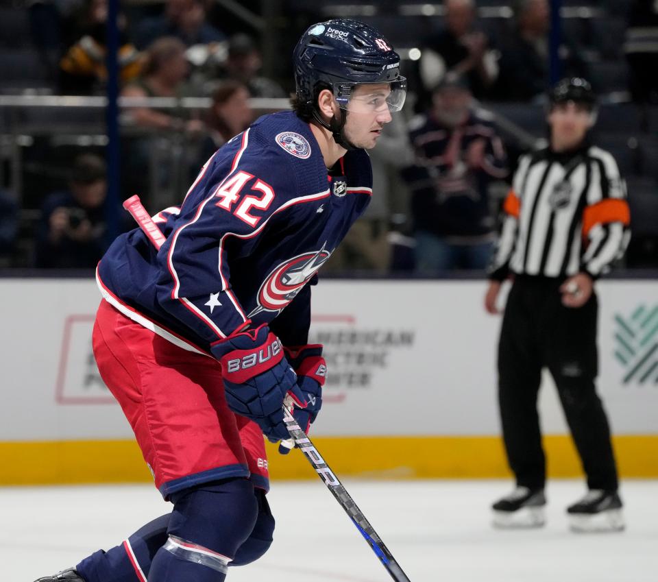 Sept. 24, 2023; Columbus, Oh., USA; 
Columbus Blue Jackets forward Alexandre Texier (42) celebrates after scoring against the Pittsburgh Penguins during the first period of Sunday's hockey game at Nationwide Arena.