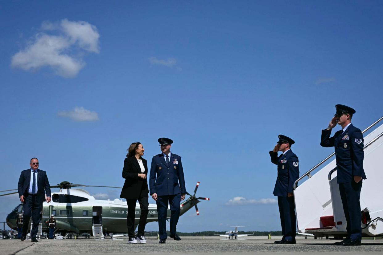 <span>Vice-President Kamala Harris walks to board Air Force Two at Joint Base Andrews, Maryland, on Thursday, en route to North Carolina for campaign events.</span><span>Photograph: Jim Watson/AP</span>