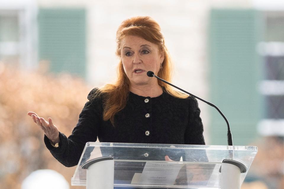 Sarah Ferguson, The Duchess of York, speaks during the celebration of life for Lisa Marie Presley at Graceland in Memphis, Tenn., on Sunday, January 22, 2023. 