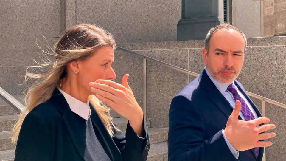 PHOTO: Aimee Harris, left, walks out of Manhattan federal court, April 9, 2024, in New York.  (Larry Neumeister/AP)