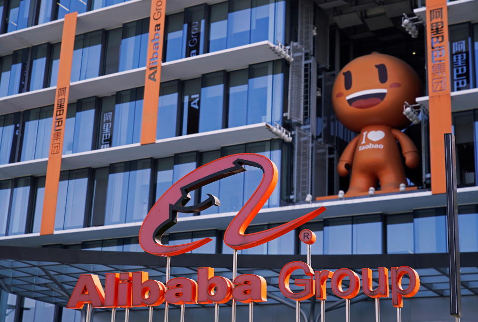 The Alibaba Group logo is seen during the company's 11.11 Singles' Day global shopping festival at their headquarters in Hangzhou, Zhejiang province, China, November 11, 2020. REUTERS/Aly Song - RC2U0K9Y5SK6