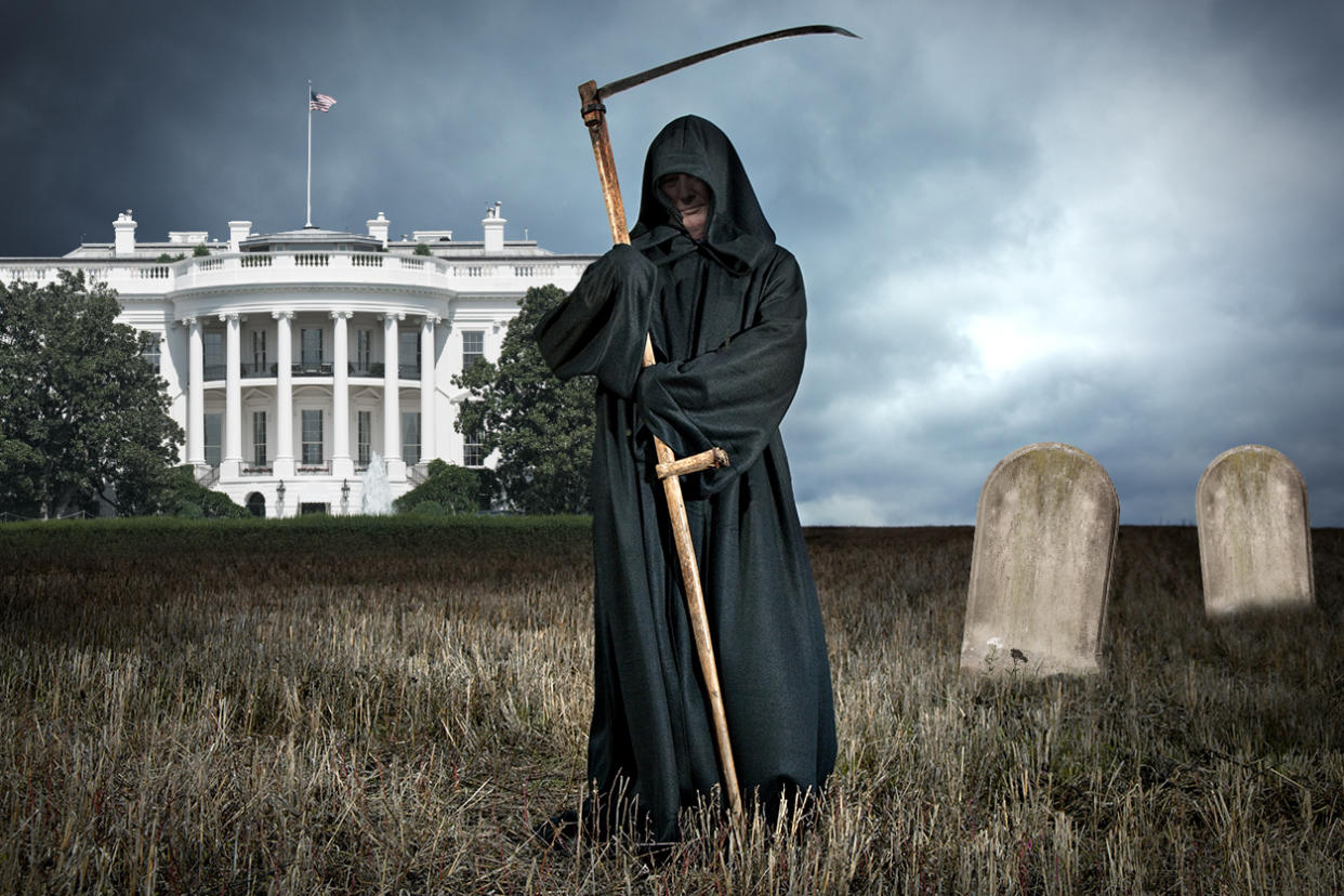 A photo illustration of the Grim Reaper outside the White House