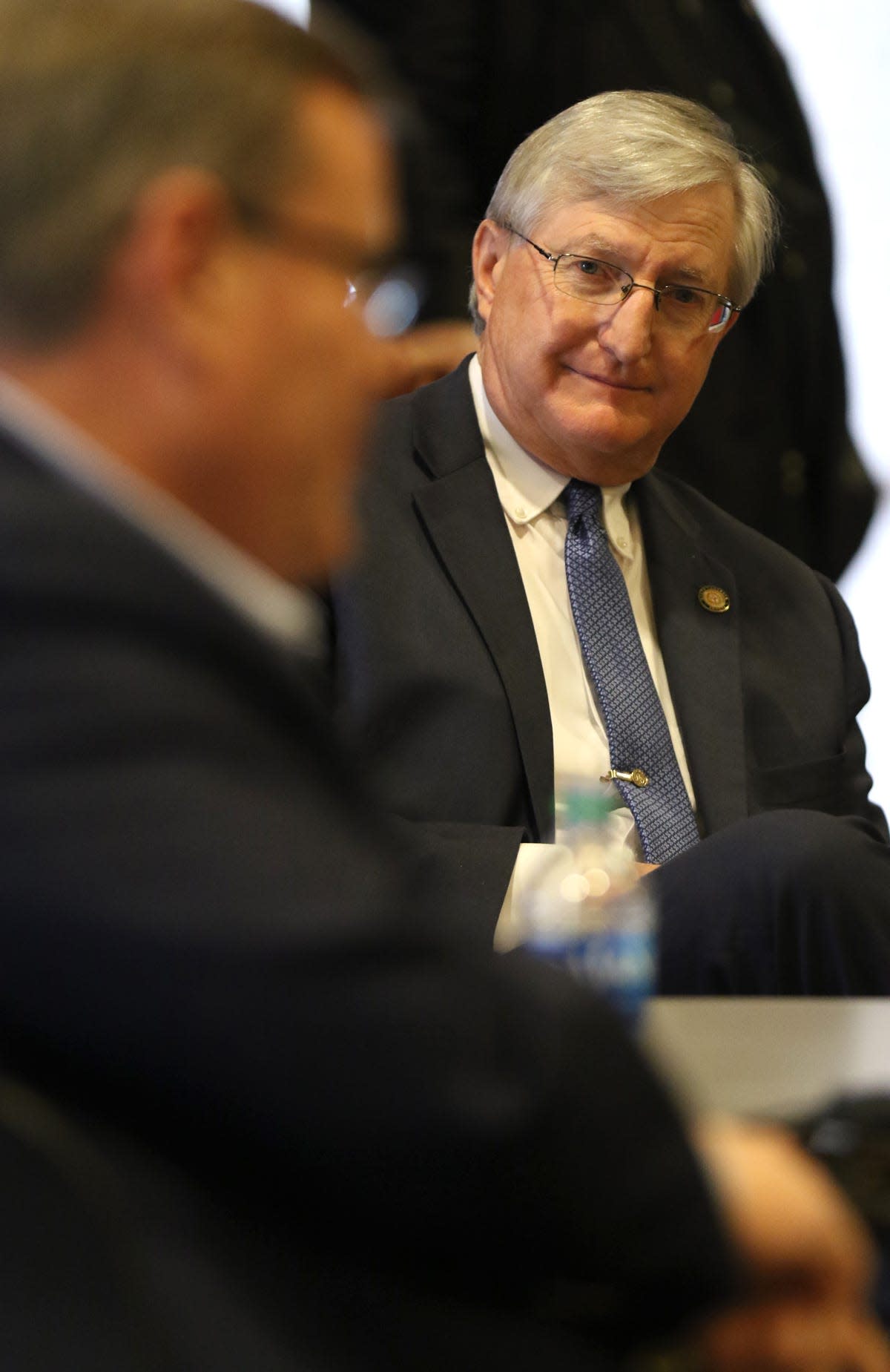 Senator Ted Alexander listens as State House Speaker Tim Moore talks during a Legislative roundup held Monday afternoon, Feb. 1, 2021, at the Don Gibson Theatre on South Washington Street in Shelby. 