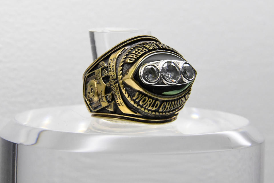Jan 31, 2018; Minneapolis, MN, USA; A view of Super Bowl II ring to commemorate the Green Bay Packers 33-14 victory over the Oakland Raiders at the Orange Bowl in Miami, Fla. on Jan. 14, 1968. Mandatory Credit: Kirby Lee-USA TODAY Sports