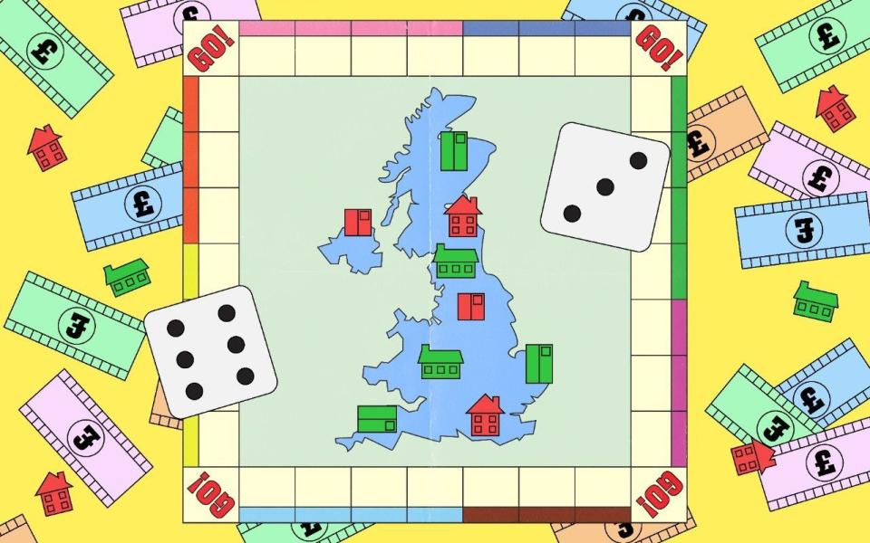 A Monopoly board with houses and a map of Britain