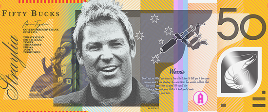 Shane Warne featured on Aaron Tyler's Straya Cash. Photo: Aaron Tyler.